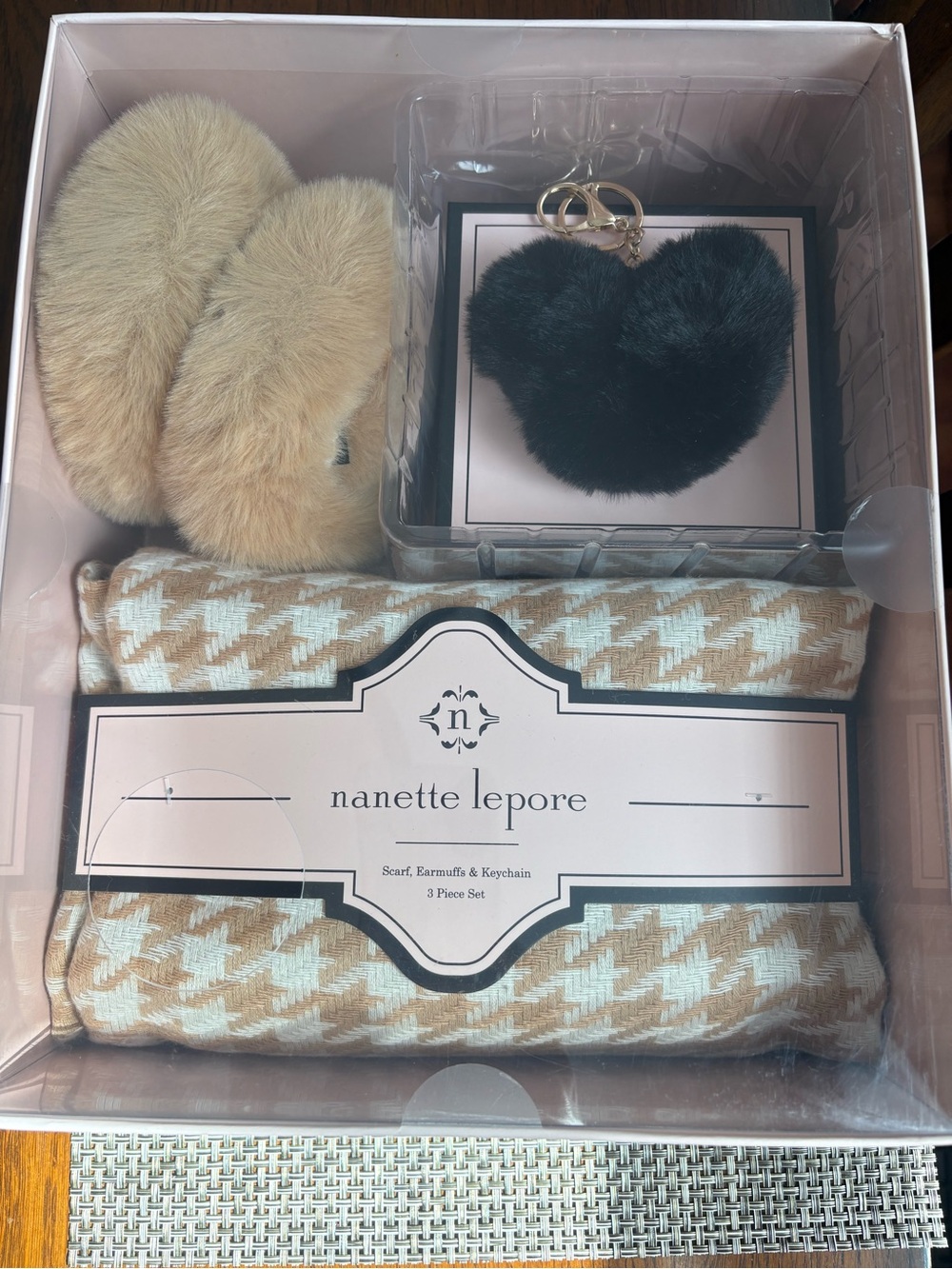 Nanette Lepore Beige and White Herringbone Throw Scarf Set